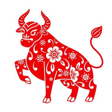 Çin yeni yılı öküz burcu burcu. Çiçek desenli kırmızı inek. Beyaz arkaplanda izole