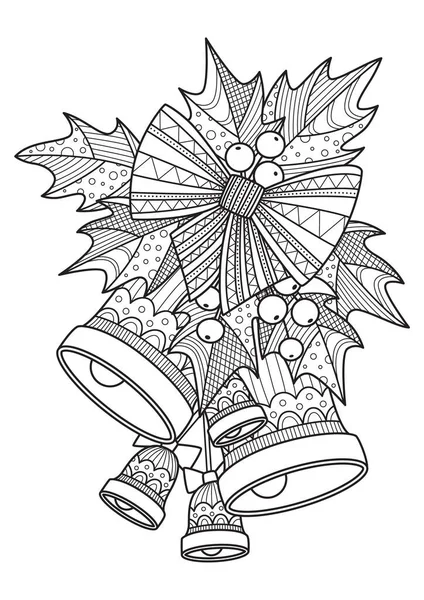 Doodle Malbuch Seite für Erwachsene. Weihnachtsglocken mit Schleife und Stechpalmen — Stockvektor