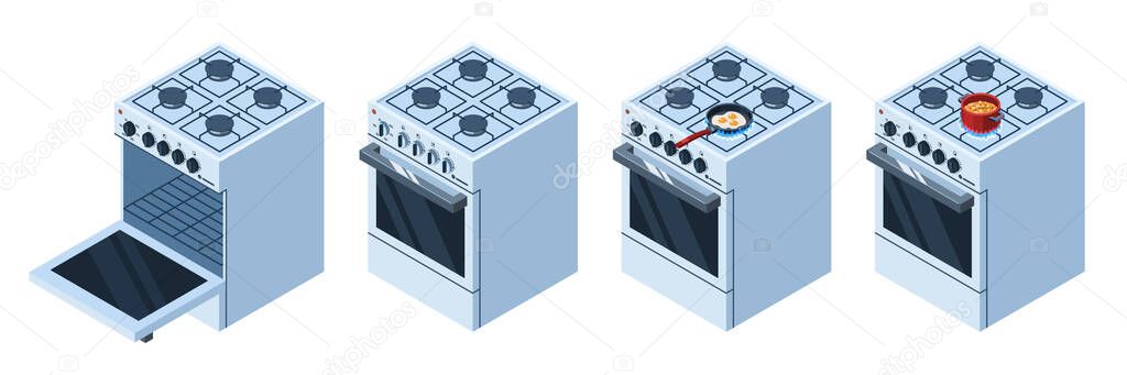 Isometric gas stove with opened oven and cooking food. Isolated on white background