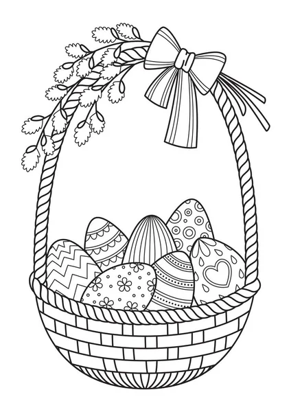 Doodle Para Colorear Página Del Libro Cesta Pascua Con Huevos — Archivo Imágenes Vectoriales