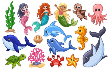 Kartondan deniz yaratığı seti. Beyaz arka planda izole edilmiş deniz yaşamı. Çocuk çizgi filmi illüstrasyonu