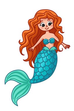 Beyaz arka planda izole edilmiş güzel bir denizkızı. Peri deniz yaratığı. Çocuk vektör illüstrasyonu.