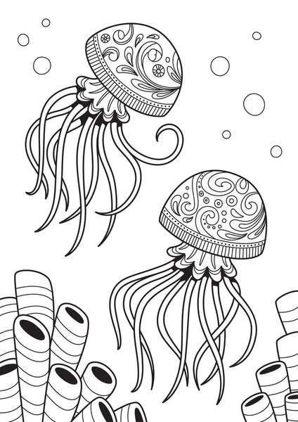 Книга-раскраска медуз для взрослых. Запутанное стилизованное морское животное. Чёрно-белый иллюстратор — стоковый вектор