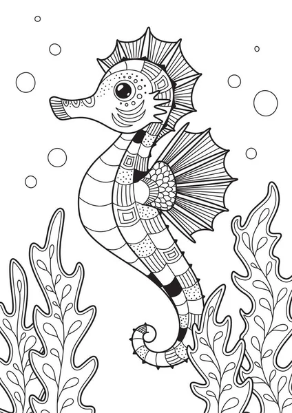 Книга-раскраска морских коньков. Антистресс для взрослых. Zentangle style for print, tattoo, coloring book page. Черно-белая иллюстрация — стоковый вектор