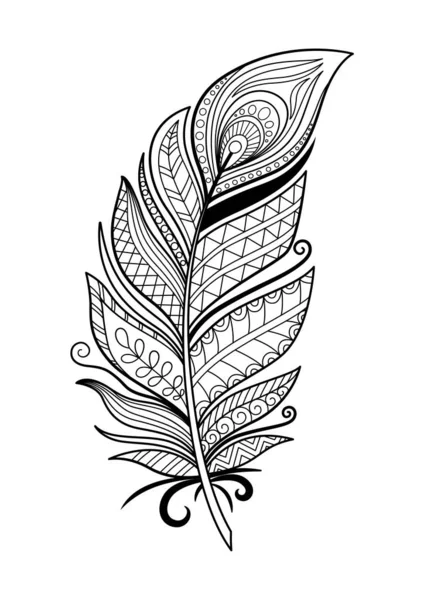 Doodle Feather boyama kitabı sayfası. Yetişkinler ve çocuklar için stres önleyici. Zentangle siyah beyaz illüstrasyon — Stok Vektör