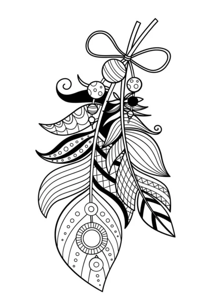 Doodle Feather Malbuch Seite. Antistress für Erwachsene und Kinder. Zentangle Schwarz-Weiß-Illustration — Stockvektor