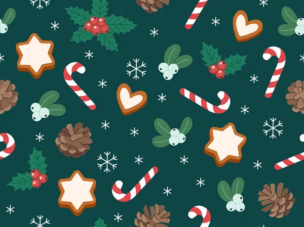 Çubuklu kusursuz desen, kutsal yapraklar, ökseotu, kozalak, zencefilli kurabiye yıldızları ve kalpler ve kar taneleri. Noel elementleri, tatlılar ve bitkilerle dolu kış arkaplanı.