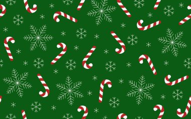 Yeşil arka planda Noel şekerleri ve kar taneleri olan kusursuz bir desen. Dağınık tatlılar ve tekrar eden vektör arkaplanı.