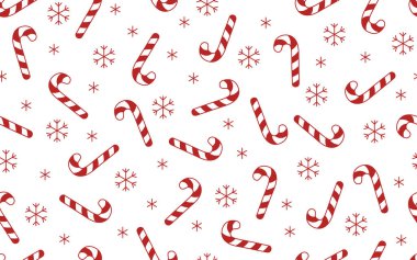 Şeker Çubuğu 'nun kırmızı ve beyaz Noel desenleri. Kar taneleri ve Noel şekerleriyle dolu bir arka plan. Beyaz arkaplan.