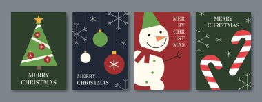 İçinde Noel ağacı, mücevher, kardan adam, baston şeker ve kar taneleri olan minimalist retro Noel kartları. Bayram kutlamaları ve kış tasarımı için basit klasik şablon şablonları.