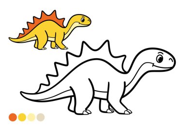 Şirin bir çizgi film dinozor çocuk boyama kitabı sayfası. Renkli bir örnek. Sırtında büyük plakalar olan Stegosaurus. Okul öncesi renklendirme ve erken öğrenme eğlencesi için taslak çizimi.