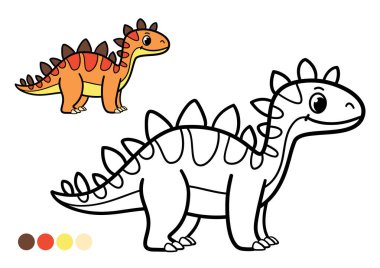 Şirin bir karikatür dinozor çocukları boyama kitabı sayfası. Sırtında tabaklar olan komik bir stegosaurus. Siyah ve beyaz ana hatlarıyla çocuk sanatları aktiviteleri ve anaokulu öğrenimi için örnek renkler..