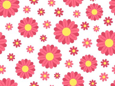 Dekoratif çiçek desenli, açık arkaplanda pembe ve kırmızı çiçekler. Parlak, düz çiçek arka planı, tekstil, moda baskıları, kırtasiye, duvar kağıtları, hediye paketi için mükemmel..