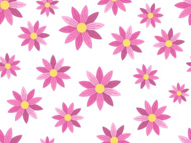Dekoratif çiçek desenli pembe karikatür çiçekleri açık arkaplana saçılmış. Düz çiçeklerle tekrar eden çiçek çizimi, kumaşlar ve duvar kağıtları için uygundur.