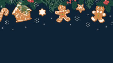 Noel sınırında ladin ve kutsal dallar, zencefilli kurabiye evleri ve erkekler ve kar. Neşeli Noel arkaplanı.