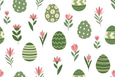 Yeşil tonlarda paskalya deseni. Boyanmış Paskalya yumurtaları ve tatlı bahar çiçekleri..
