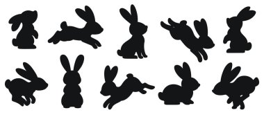 Tavşan siluetlerinin vektör seti. Çeşitli pozlarda tavşan şekilleri. Oturma, zıplama ve koşan tavşanların siyah siluetleri. Paskalya ve diğer tasarım için. Vektör illüstrasyonu.