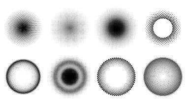 Radyal siyah yarım tonlu noktalar seti. Soyut monokrom vektör desenleri yuvarlak gradyan etkiye sahiptir. Eski pop sanatı ve modern grafik tasarımı için dekoratif noktalı çerçeveler.