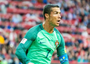 Moskova, Rusya - 21 Haziran 2017. Portekiz milli futbol takımı kaptanı Cristiano Ronaldo FIFA Konfederasyon Kupası maçında Rusya ile Portekiz karşı karşıya geldi.