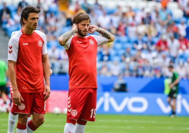 Samara, Rusya - 21 Haziran 2018. Danimarka milli futbol takımı oyuncuları Thomas Delaney ve Lasse Schone FIFA Dünya Kupası 2018 maçında Danimarka Avustralya 'ya karşı. 