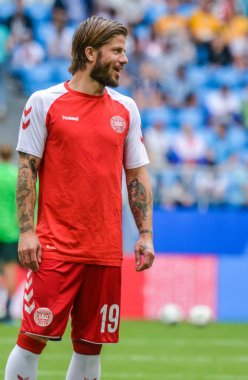 Samara, Rusya - 21 Haziran 2018. Danimarka milli futbol takımı orta saha oyuncusu Lasse Schone FIFA Dünya Kupası 2018 maçında Danimarka Avustralya 'ya karşı. 