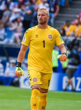 Samara, Rusya - 21 Haziran 2018. Danimarka milli futbol takımının kalecisi Kasper Schmeichel, 2018 FIFA Dünya Kupası maçında Danimarka Avustralya 'ya karşı..