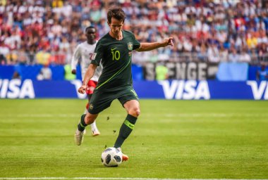 Samara, Rusya - 21 Haziran 2018. Avustralya Millî Futbol Takımı şampiyonu Robbie Kruse, FIFA Dünya Kupası 2018 maçında Danimarka Avustralya 'ya karşı..