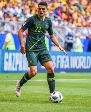 Samara, Rusya - 21 Haziran 2018. Avustralya Millî Futbol Takımı oyuncusu Tom Rogiç, 2018 Dünya Kupası maçında Danimarka Avustralya 'ya karşı.. 