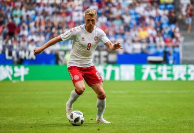 Samara, Rusya - 21 Haziran 2018. Danimarka milli futbol takımı forveti Nicolai Jorgensen, 2018 FIFA Dünya Kupası maçında Danimarka Avustralya 'ya karşı..
