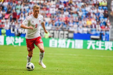 Samara, Rusya - 21 Haziran 2018. Danimarka milli futbol takımı forveti Nicolai Jorgensen, 2018 FIFA Dünya Kupası maçında Danimarka Avustralya 'ya karşı.. 