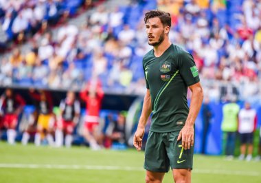 Samara, Rusya - 21 Haziran 2018. Avustralya Millî Futbol Takımı FIFA Dünya Kupası 2018 maçında Mathew Leckie 'ye karşı Avustralya.