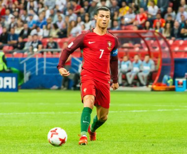 Kazan, Rusya - 28 Haziran 2017. Portekiz milli futbol takımı kaptanı Cristiano Ronaldo FIFA Konfederasyon Kupası 2017 yarı final Şili maçında.