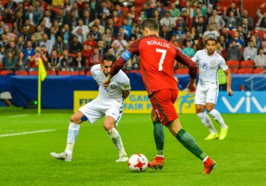 Kazan, Rusya - 28 Haziran 2017. Portekiz milli futbol takımı kaptanı Cristiano Ronaldo, FIFA Konfederasyon Kupası yarı final maçında Şili 'ye karşı.