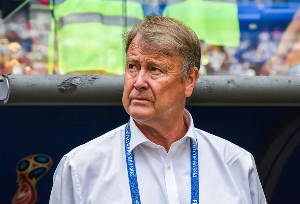 Samara Ρωσία Ιουνίου 2018 Προπονητής Εθνικής Ομάδας Ποδοσφαίρου Δανίας Ηλικία — Φωτογραφία Αρχείου