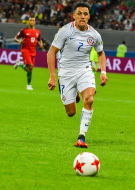 Kazan, Rusya - 28 Haziran 2017. Şili Millî Futbol Takımı forveti Alexis Sanchez, FIFA Konfederasyon Kupası 2017 yarı final Şili maçında.