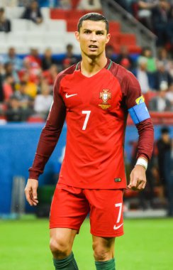 Kazan, Rusya - 28 Haziran 2017. Portekiz milli futbol takımı kaptanı Cristiano Ronaldo FIFA Konfederasyon Kupası 2017 yarı final Şili maçında.