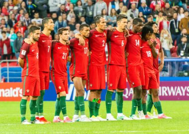 Kazan, Rusya - 28 Haziran 2017. Portekiz milli futbol takımı FIFA Konfederasyon Kupası 2017 yarı final Şili maçında penaltı atışında duvara dizildi.