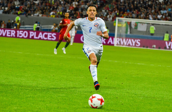 Kazan, Russia - June 28, 2017. Chile national football team striker Alexis Sanchez during FIFA Confederations Cup 2017 semi-final Portugal vs Chile.