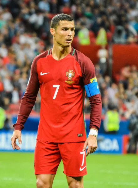 Kazan, Rusya - 28 Haziran 2017. Portekiz milli futbol takımı kaptanı Cristiano Ronaldo FIFA Konfederasyon Kupası 2017 yarı final Şili maçında.