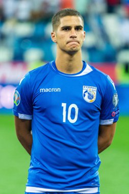 Nizhny Novgorod, Rusya - 11 Haziran 2019. Kıbrıs Rum milli takımı forveti Pieros Sotiriou, UEFA Euro 2020 ön eleme karşılaşması öncesinde Nizhny Novgorod 'a karşı Rusya (1-0).