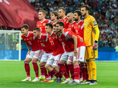 Nizhny Novgorod, Rusya - 11 Haziran 2019. Rusya milli futbol takımının resmi UEFA Euro 2020 ön eleme karşılaşması öncesinde Rusya ile Kıbrıs Rum Kesimi (1-0) arasında Nizhny Novgorod.
