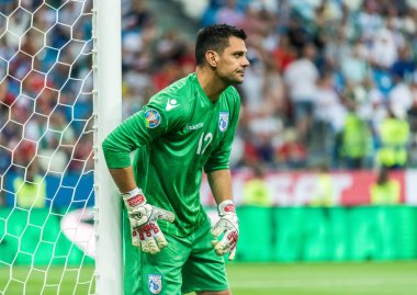 Nizhny Novgorod, Rusya - 11 Haziran 2019. Kıbrıs Rum milli takımı kalecisi Urko Pardo UEFA Euro 2020 ön eleme karşılaşmasında Rusya ile Kıbrıs Rum Kesimi (1-0) arasında Nizhny Novgorod.