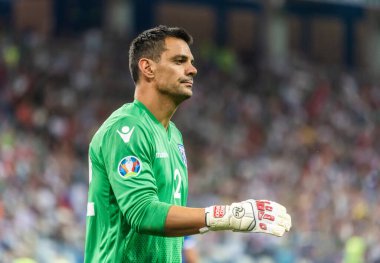 Nizhny Novgorod, Rusya - 11 Haziran 2019. Kıbrıs Rum milli takımı kalecisi Urko Pardo UEFA Euro 2020 ön eleme karşılaşmasında Rusya ile Kıbrıs Rum Kesimi (1-0) arasında Nizhny Novgorod.