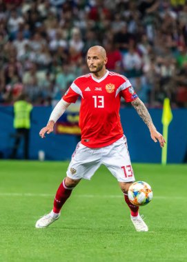 Nizhny Novgorod, Rusya - 11 Haziran 2019. Rusya milli takımı savunucusu Fedor Kudryashov UEFA Euro 2020 ön eleme karşılaşmasında Rusya ve Kıbrıs (1-0) Nizhny Novgorod karşılaşmasında.