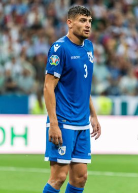 Nizhny Novgorod, Rusya - 11 Haziran 2019. Kıbrıs Rum milli takımı savunucusu Nicolas Ioannou UEFA Euro 2020 ön eleme karşılaşmasında Rusya ile Kıbrıs Rum Kesimi (1-0) arasında Nizhny Novgorod.