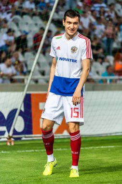 Lefkoşe, Kıbrıs - 13 Ekim 2019. Rusya milli futbol takımı UEFA Euro 2020 ön eleme maçından önce Lefkoşe 'de Vyacheslav Karavayev' e karşı Rusya (0-5).