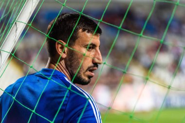 Lefkoşe, Kıbrıs - 13 Ekim 2019. Rusya milli futbol takımı kalecisi Soslan Dzhanayev, UEFA Euro 2020 ön eleme karşılaşması öncesinde Lefkoşe 'de Kıbrıs Rum Kesimi Rusya' ya (0-5) karşı.