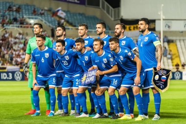 Lefkoşe, Kıbrıs - 13 Ekim 2019. Kıbrıs Rum Kesimi milli futbol takımının fotoğrafı UEFA Euro 2020 ön eleme karşılaşmasında Kıbrıs Rum Kesimi Rusya 'ya karşı (0-5).