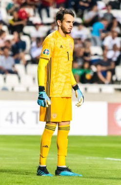 Lefkoşe, Kıbrıs - 13 Ekim 2019. Rusya milli futbol takımı kalecisi Guilherme UEFA Euro 2020 ön eleme karşılaşması öncesinde Lefkoşe 'de Kıbrıs Rum Kesimi Rusya' ya (0-5) karşı.
