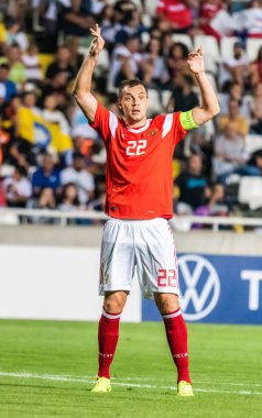 Lefkoşe, Kıbrıs - 13 Ekim 2019. Rusya milli futbol takımı forveti Artem Dzyuba UEFA Euro 2020 ön eleme karşılaşmasında Lefkoşe 'de Kıbrıs Rum Kesimi Rusya' ya karşı (0-5).